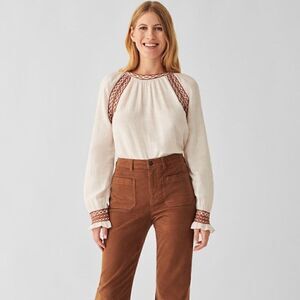 Faherty Arles Embroidered‎ Long Sleeve Top, Renaissance, Beige, Small (4/6), NWT